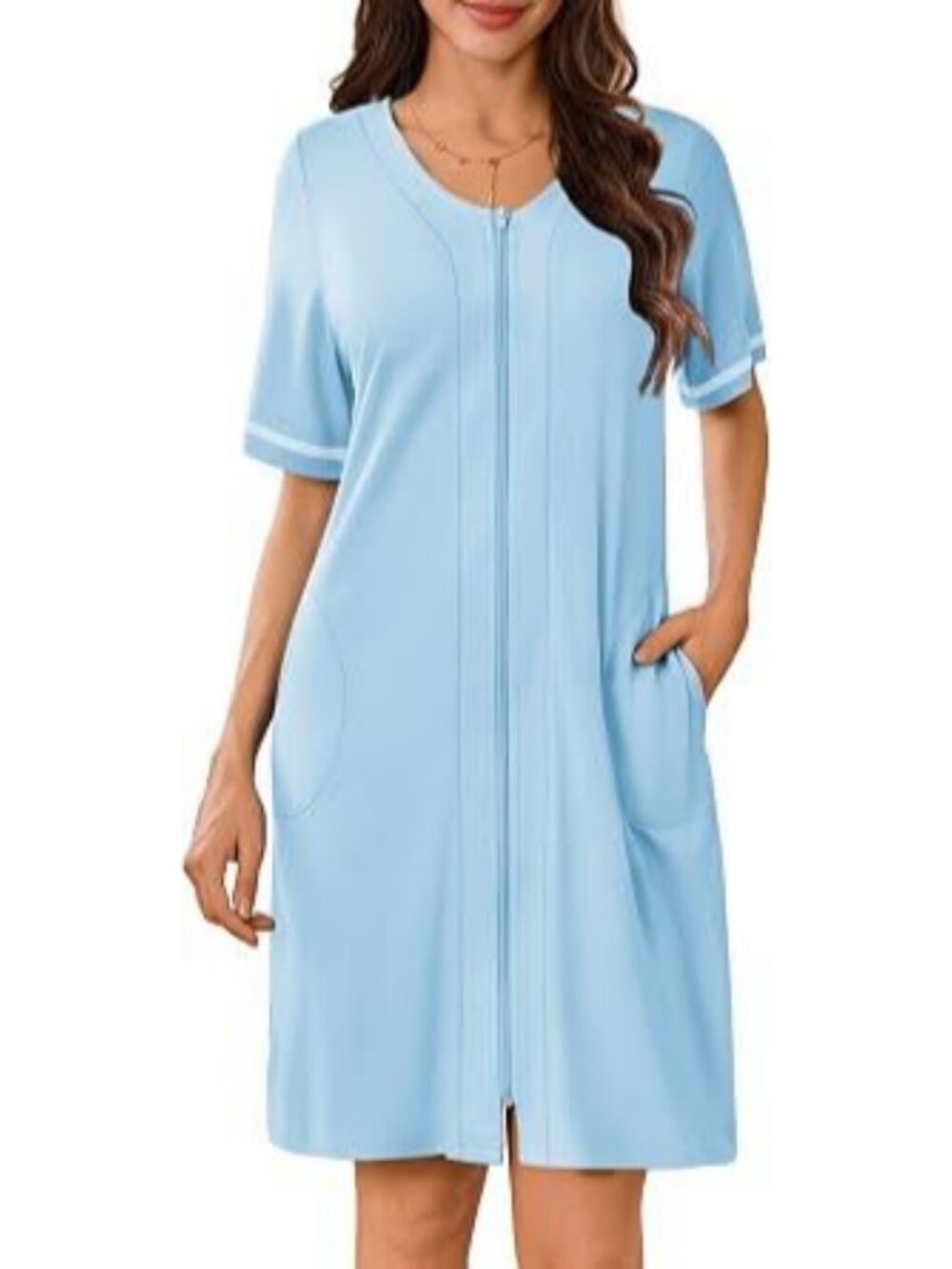 Womens Short Sleeve Zip Up Robe Knee Length Housecoat with Pockets Bathrobe